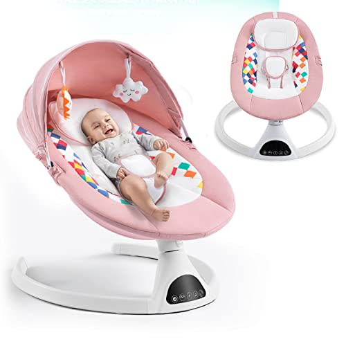 Soobaby Baby Swing,Electric Swing for Babies,Portable Swing for Baby Boy Girl,Remote Control Indoor Baby Rocker with 5 Sway Speeds,Music and Bluetooth,Light Pink