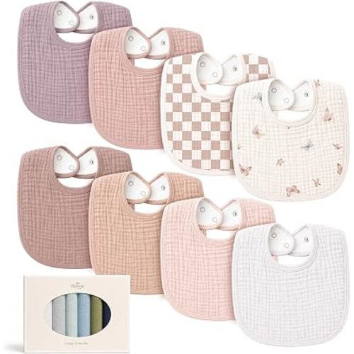 Konssy 8-Pack Muslin Baby Bibs, Adjustable Fit for Drooling and Teething