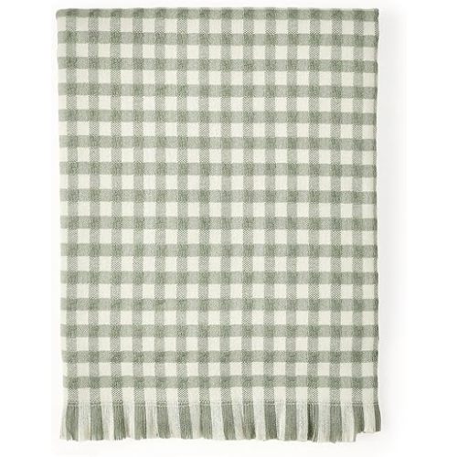 CREVENT Farmhouse Boho Knitted Throw Blanket for Couch Sofa Chair Bed Home Decoration, Soft Warm Cozy Light Weight for Spring Summer Fall (50''X60'' Plaid Green)
