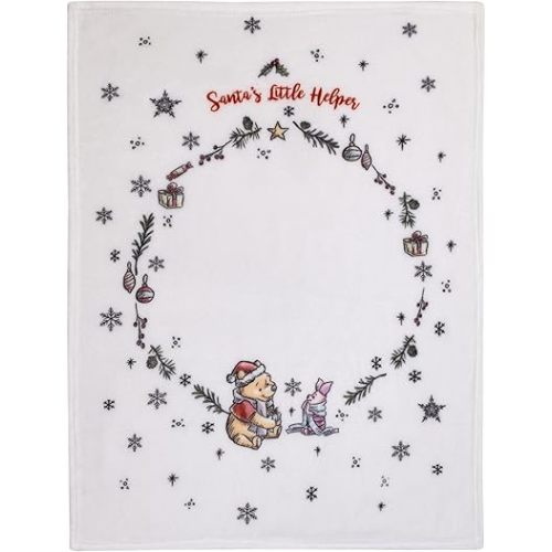 Disney Winnie The Pooh and Piglet White, Red, and Green Christmas Holiday Wreath Santa's Little Helper Photo Op Super Soft Baby Blanket