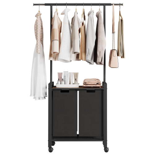 Aoile 2/3-Section Laundry Hamper with Hanging Rack, Rolling Laundry Basket Organizer, Rustic Brown