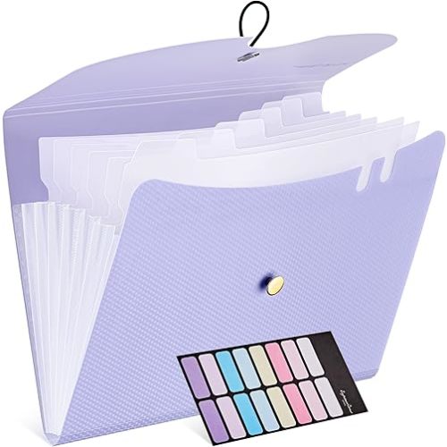 JARLINK 7 Pockets Expanding File Folder, A4 Size Accordion File Folders with 12 Labels, Cute Paper Organizer, Portable Document Organizer for Home College School Office Supplies, Macaron Purple