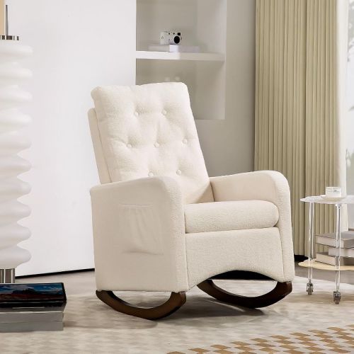 Nursery Glider Rocking Chair with Side Pocket,Modern Upholstered Swivel Rocker for Living Room&Bedroom,Ergonomic High Back & Sturdy Rubber Wood Frame