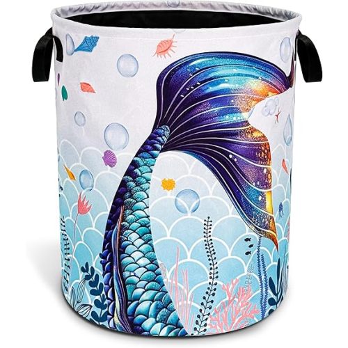 Blue Purple Mermaid Tail Laundry Basket Beautiful Foldable Oxford Cloth Funny Tote Bag Laundry Hamper Clothes Storage Bucket Toy Organizer For Bathroom/Laundry Storage/Bedroom 18.9x16.5 In