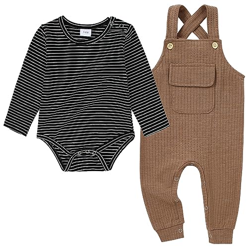 CARETOO Newborn Baby Boy Clothes Infant Boy Romper Fall Winter Outfits Bodysuit 2Pcs Striped Long Sleeve Top Overalls 0-18M