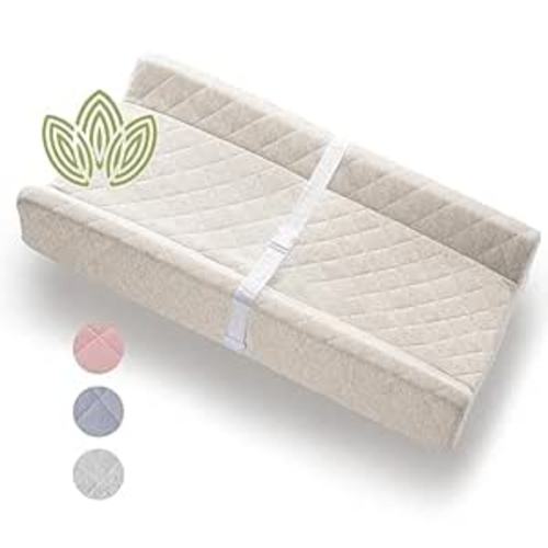 Organic Cotton Contoured Baby Changing Pad w/Waterproof Foam Mattress, Includes Soft, Removable & Washable Cover, Safety Strap, Non-Slip Bottom, Topper for Standard Size Infant Diaper Table & Dresser