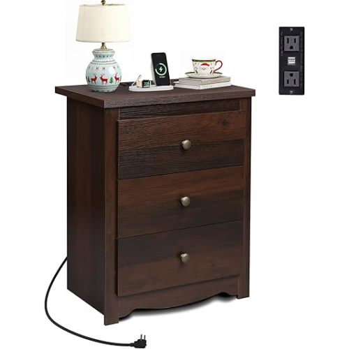 WLIVE Tall Nightstand with Charging Station, Wood Night Stand with 3 Drawers Storage, Bedside Table End Side Tables with 2 USB Ports and Outlets for Bedroom, Closet, Espresso