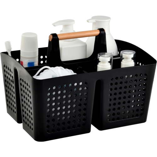 Portable Shower Caddy Basket with Compartments, Plastic Divided Cleaning Caddy Organizer Storage Tote with Handle for Bathroom, College, Dorm Room Essentials, Black
