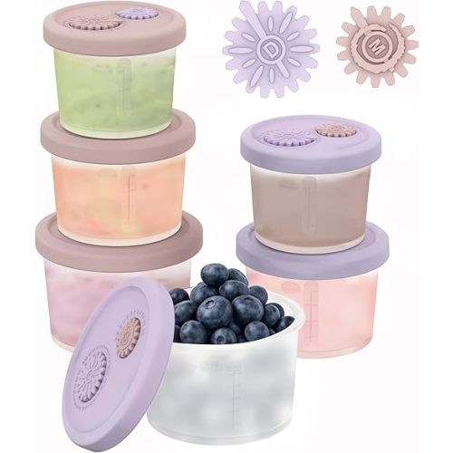 Silicone Baby Food Containers with Date-Tracking Lids, 6-Pack Reusable Snack Containers Food Storage Jars for Infants, Microwave, Dishwasher & Freezer Safe, 3 Sizes