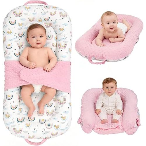 Baby Lounger, 3-in-1 Portable Infant Lounger for Newborns 0-24 Months, Foldable Tummy Time Pillow with Removable Cover, Dual-Sided 100% Cotton and Velvet, Ideal Baby Shower Gifts, Pink Rainbow