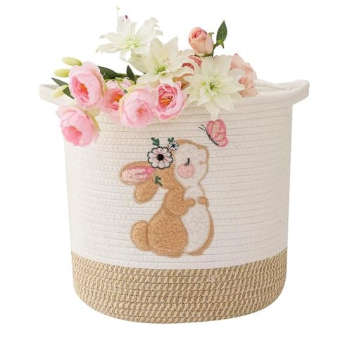 Toy Storage Baskets Woven Cotton Rope Storage Basket for Kids, Blanket Baskets for Living Room Stuffed Animal Storage Toys Organizer with Embroidery Decor, Cute Baskets for Nursery (Bunny)