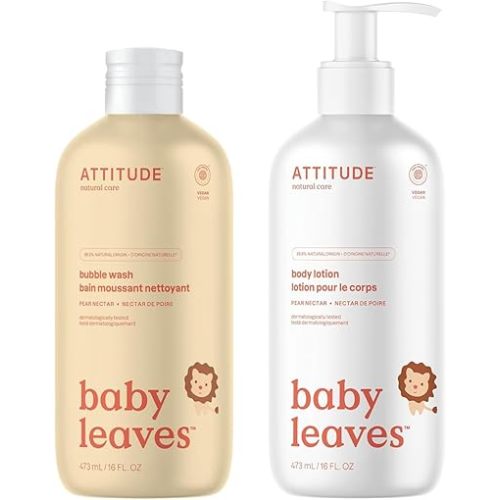 Bundle of ATTITUDE Bubble Body Wash for Baby and Body Lotion for Baby, EWG Verified, Dermatologically Tested, Plant and Mineral-Based, Vegan, Pear Nectar, 16 Fl Oz