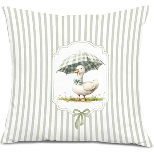 GDJIEGBC Coquette Bow Duck Pillow Covers 18x18, Baby Girl Nursery Decor, Cottagecore Duck Preppy Green Striped Decorative Throw Pillow Covers for Girls Bedroom Living Room Home
