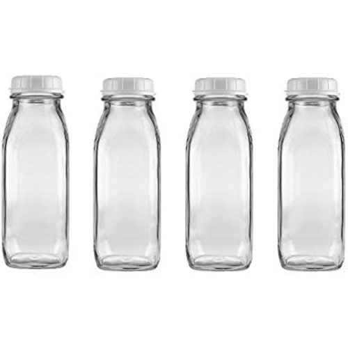The Dairy Shoppe Glass Milk Bottle, Heavy Glass with Extra Lid, Creamery Style (4, Pint)