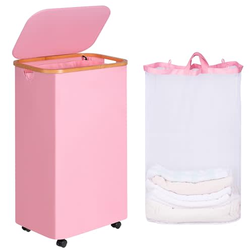 Laundry Basket with Wheels, 110L Clothes Hamper for Laundry, Laundry Hamper with Lid and Inner Bag, for Laundry Room, Bedroom, Dormitory Storage,Pink