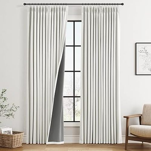 Pinch Pleated Linen 100% Blackout Curtains 96 Inch Length Ivory Pinch Pleat Drapes Back Tab Thermal Insulated Boho Farmhouse Living Room Darkening Bedroom Black Out Window Curtains 2 Panels Set
