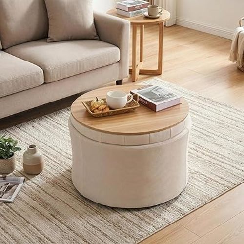 ONBRILL 25" Round Ottoman Coffee Table, Storage Ottoman with Lift-Off Lid, Multifunctional Foot Rest & Hidden Storage, Sturdy Steel Frame for Bedroom, Living Room, Corners, Apartment”