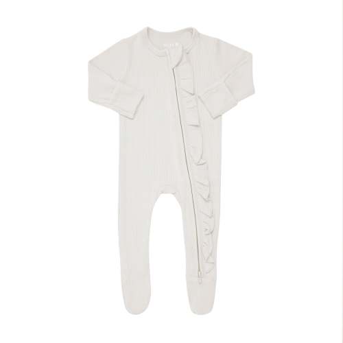 Ribbed Ruffle Bamboo Zipper Footie in Oat | Kyte Baby