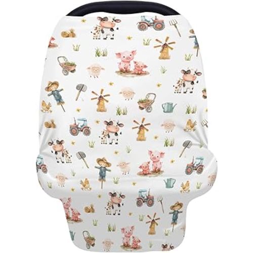 5-in-1 Unisex Farm Theme Animals Cows Chickens Pigs Pattern Baby Carseat Stroller Cover for Boys Girls, Infant Toddler Privacy Nursing Breastfeeding Canopy, Grocery Shopping Cart Cover-24x28
