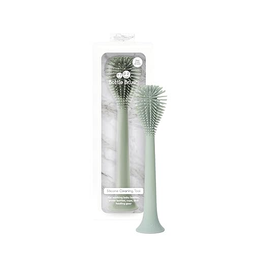 ezpz Bottle Brush (Sage) - Odor-Resistant Silicone Cleaning Tool with Long Sturdy Handle and Suction Base - Flexible Top for Tight Spaces - Gently Cleans Cups, Glasses, Bottles and Accessories