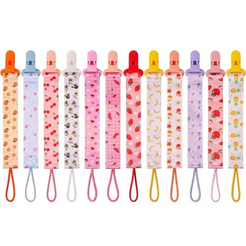 12 Pack Pacifier Clip with Strap 25.5cm - Premium Polyester Baby Pacifier Holder Set, Multi-Design Clips for Boys Girls （Multi Color C）