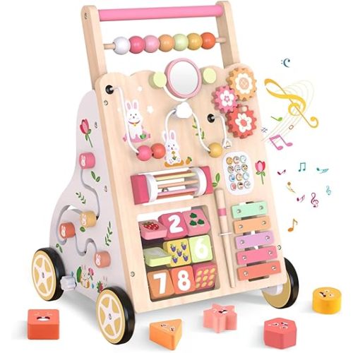 Wooden Baby Walker, Push Walker with Wheels, Montessori Activity Center Walker for Toddlers 12+ Months, Adjustable Height & Speed Learning Walking Toy for 1 Year Old Boys and Girls (Pink)
