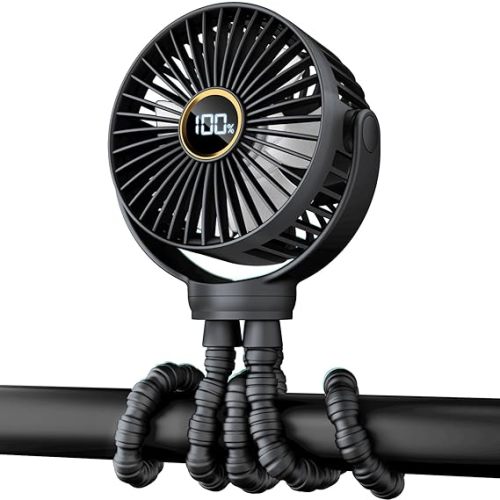 Portable Stroller Mini Fan, Small Rechargeable Personal Fan, Baby Travel Essentials for Wagon, Car Seat, Treadmill, Battery Powered Biking Gear Accessories, 360° Rotation, 3-Speed, Display, Black