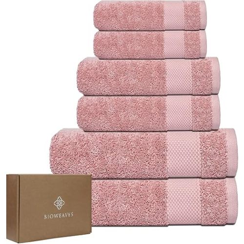 BIOWEAVES 100% Organic Cotton 6-Piece Luxury Bathroom Towels Set GOTS Certified 700 GSM, 2 Bath Towels, 2 Hand Towels & 2 Wash Cloths - Dusty Pink
