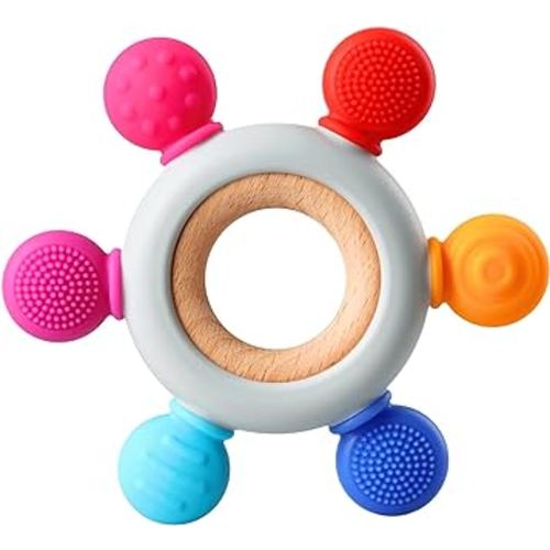 Baby Teething Toys, Silicone Chewable Teethers with Wooden Ring for Soothing Babies Gums, Rudder Chewers Shower Gift for lnfants & Toddlers, 3+ Months (6 Directions, Rainbow)