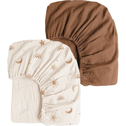 Konssy Muslin Crib Sheets for Girl Boy, 2 PCS Soft and Breathable Cotton Baby Sheets for Standard Crib Mattress, 52"x 28" (Sunbeam Yellow, Coffice)