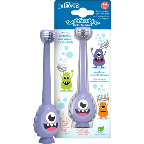 Dr. Brown's ToothScrubber Toothbrush, Three-Sided Toddler Training Toothbrush for Ages 1-4 Years with Suction Cup Base and Color Changing Bristles