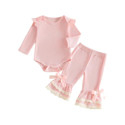 Tsultryofs Infant Baby Girl Fall Winter Clothes Newborn Long Sleeve Waffle Knit Pullover Top and Flared Pants 2pc Outfits Set