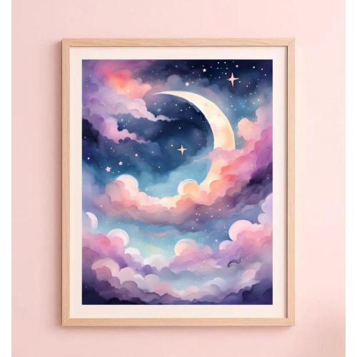 Magical Moon and Sky Wall Art Print, Pink and Purple Sky, Whimsical Kid's Bedroom Decor, Nursery Wall Art, Baby Shower Gift, Girl's Room
