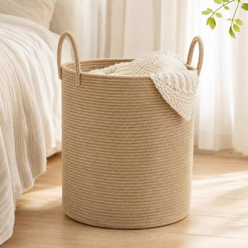 Jute Rope Laundry Hamper Basket, 58L Woven Blanket Basket for Nursery