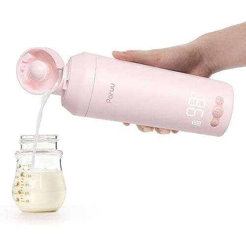 Paruu Portable Bottle Warmer for Travel, Easy-Clean Wide Mouth, Fast Heating for Night Feeding, 7-Temp Control, Large 12oz Capacity, Ideal Gifts for New Parents, Pink