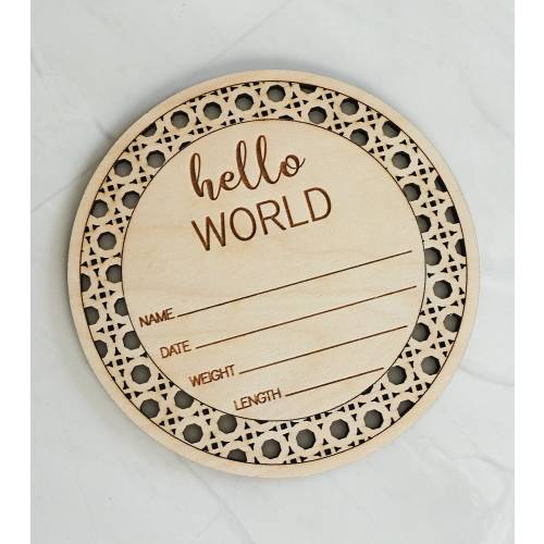 Hello World Birth Announcement, Baby Birth Stats, Baby Photo Props, Rattan Baby Sign, Rattan Nursery, Baby's Weight Length Sign