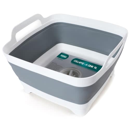 FOSJGO Collapsible Dish Basin with Drain Plug, Foldable Sink, 2.4 Gal (9L) | Space-Saving Wash Basin for Kitchen, Baby Bottles, Vegetable Washing, Camping, RV and Party Beverage Tubs