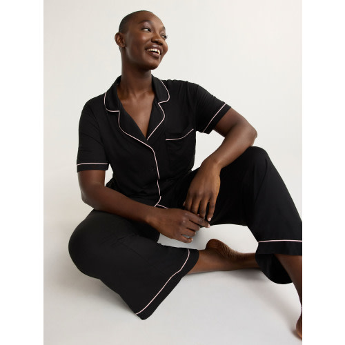 Joyspun Women's Short Sleeve Notch Collar Knit Top & Capri Pajama Set, 2-Piece, Sizes XS-3X