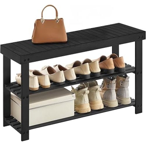 SONGMICS Shoe Rack Bench, 3-Tier Bamboo Shoe Storage Organizer, Entryway Bench, Holds Up to 286 lb, 11.3 x 35.4 x 17.8 Inches, for Entryway Bathroom Bedroom, Ink Black ULBS90B33