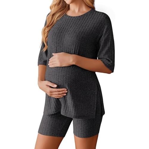Ekouaer Women Maternity Sets 2 Piece Outfits Short Sleeve Shirts and Biker Shorts Pregnancy Loungewear Mama Clothes