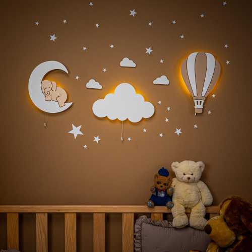 Nursery Wall Night Light Set, Elephant on Moon, Cloud, Balloon, Wooden Wall Decor, Baby Room Night Light Sets