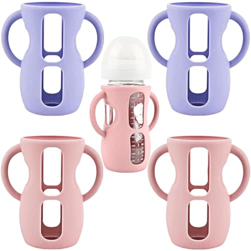 Frezonika 4 Pack Silicone Sleeves for Avent Natural Glass Baby Bottles, Silicone and Easy-Grip Handles for Drop Protection, Compatible with Philips Avent 4/8 OZ Glass Bottle (2 Pink+2 Purple, 8 OZ)