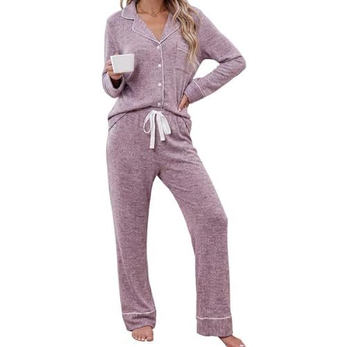 Leikar Button Up Pajama Set For Women Long Sleeve Shirt And Pajama Pants Soft Pjs Lounge Sets