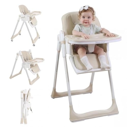 Sunchild 3-in-1 Baby High Chair with Wheels, 5-Point Harness, Tray, Footrest, and Backrest, Foldable and Adjustable for Toddlers 6-36 Months, Beige