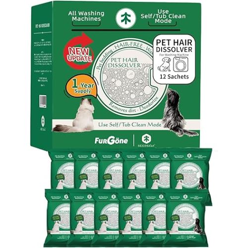 FURGONE by Seedshub Upgraded Pet Hair Dissolver Pro Washing Machine Cleaner Powder, Deep Cleaning Pet Bedding, 100g, 12 Sachets, Dog Cat Hair | Stain | Odor Remover for Laundry, No More Fur