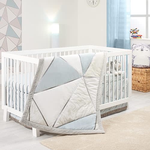 Crib Bedding Set for Boys | 4-Piece Baby Nursery Bedding Crib Set | Geometric Patterns, Shiny Silver, Baby Blue & Marble Prints | Precious Collection