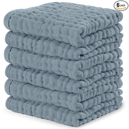Comfy Cubs Muslin Baby Washcloths 6 Pack - Soft 6-Layer Cotton Wash Cloths for Sensitive Skin - 10"x10" Large, Gentle, Absorbent Infant Essentials for Newborn and Toddlers - Pacific Blue