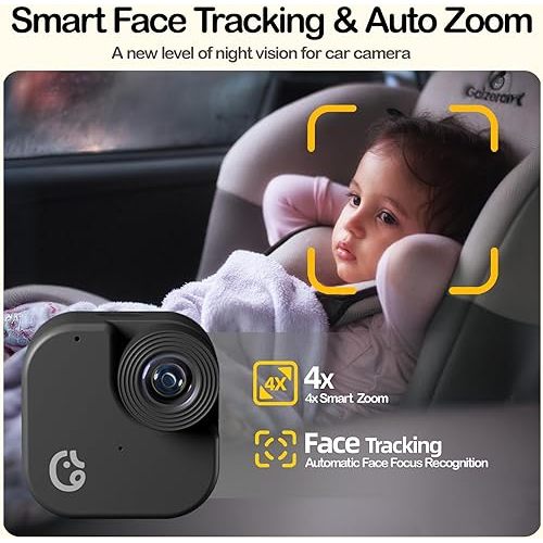 Ellie Baby Car Monitor, 2K UHD Backseat Monitor with Color Night Vision, Face Tracking, Dual Display for 2 Kids, Wide View Car Baby Camera, Smart Video Capture & App Control