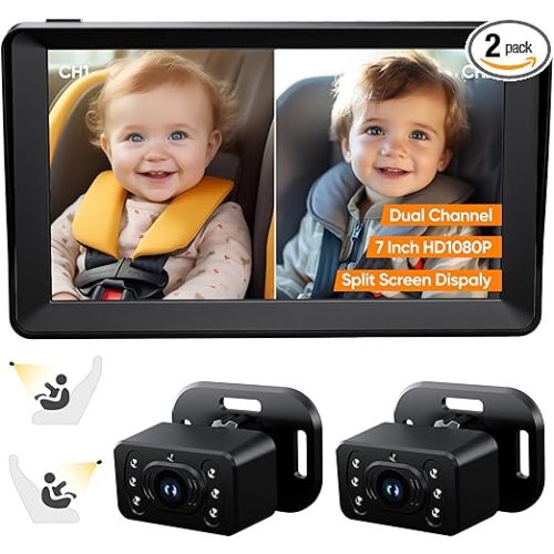 Baby Car Camera for 2 Kids - 7 Inch HD1080P Split Screen Baby Monitor with Dual Backseat Camera 150° Wide View & 360° Rotatable, Night Vision Easy Install, Rear-Facing Baby Car Mirror