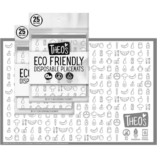 THEO'S 50 Pack Stick on Disposable Table Mats for Kids & Baby Led Weaning | Large 12" x 18" Restaurant Placemats in Re-usable Travel Pouch